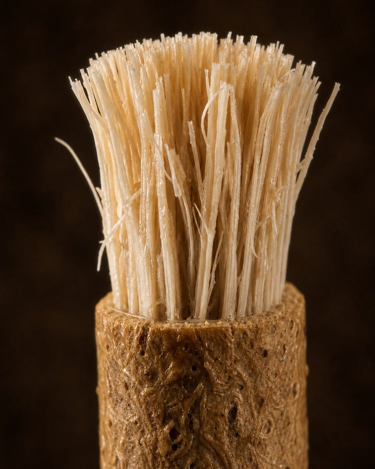 Close-up of the soft natural fibers at the tip of a miswak stick