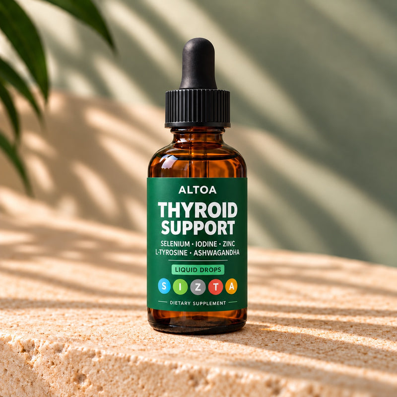 ALTOA Thyroid Support Drops: one amber dropper bottle with matte green label on warm travertine in natural light