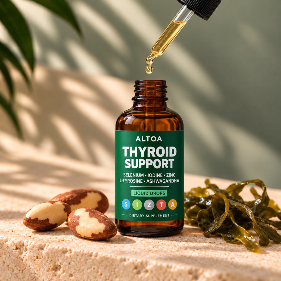 ALTOA Thyroid Support Drops: glass pipette with a golden drop above the bottle