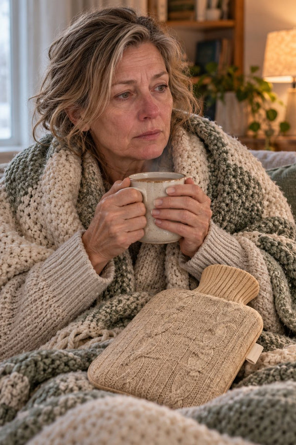 A woman in her late fifties wrapped in a blanket on the sofa