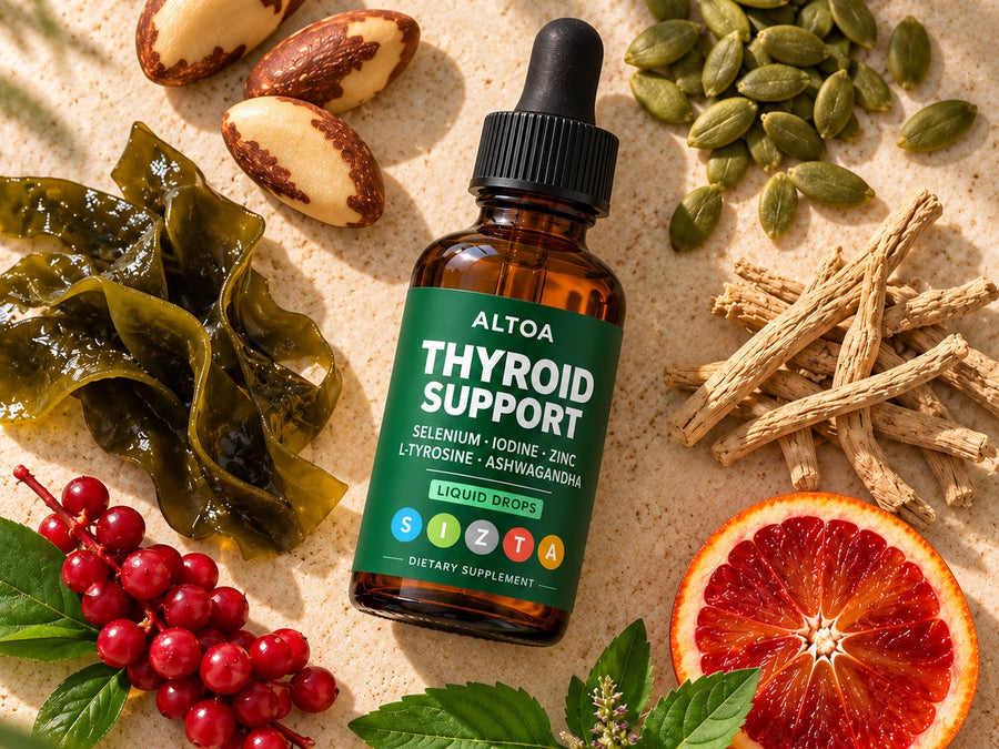 ALTOA Thyroid Support Drops bottle among kelp, berries and roots