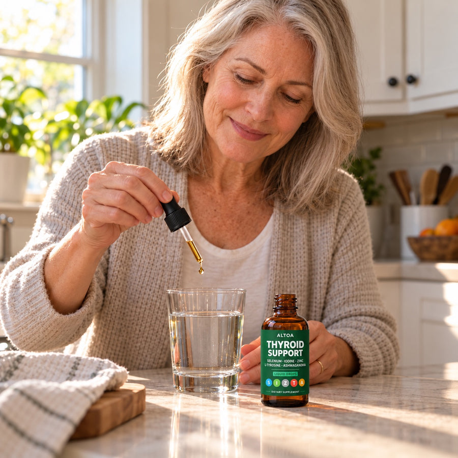 A woman in her sixties adding drops to a glass of water in her kitchen